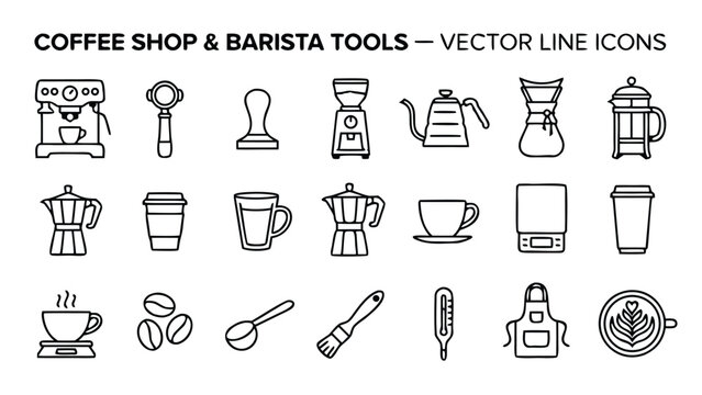 Comprehensive Collection of Coffee Shop and Barista Tool Vector Line Icons Featuring Espresso Machine, Grinder, Kettle, French Press, Moka Pot, Scale, Beans, and Latte Art for Cafe Branding.