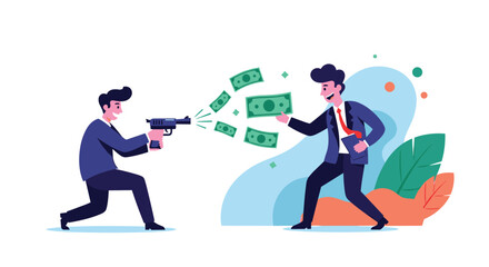 Fototapeta premium Businessman shooting dollar bills out of a gun toward another excited man symbolizing wealth and distribution.