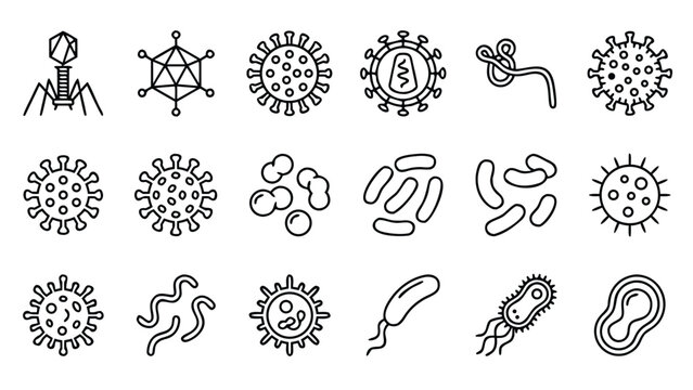 Comprehensive Vector Collection of Virus and Bacteria Structure Line Icons; Minimalist Pathogen Illustrations Including Coronavirus, Bacteriophage, Ebola, and Bacilli on a Clean White Background.