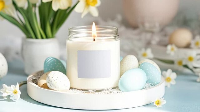 Easter candle display with blue and speckled eggs on a decorative tray