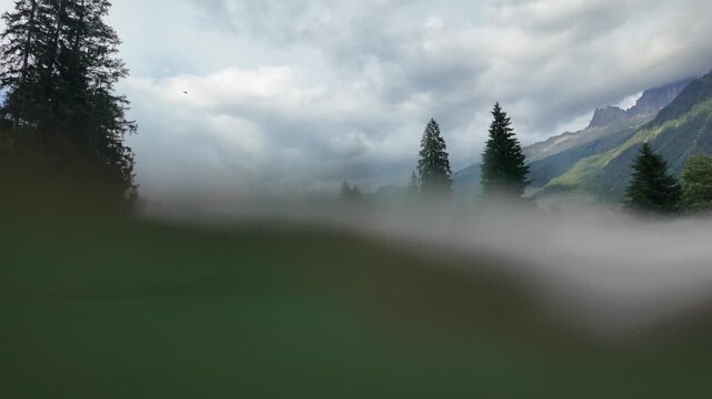 Split shot of an alpine lake, transitioning from a scenic mountain view with pine trees and clouds to a mysterious, murky underwater perspective, revealing the unseen world