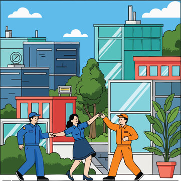 Happy workers and woman dancing in a modern city street illustration