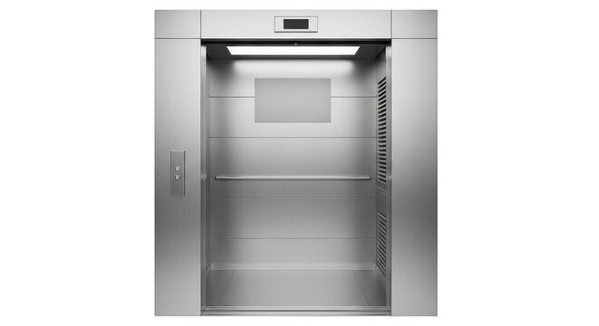 Modern stainless steel elevator with open doors in a corporate building isolated on transparent background