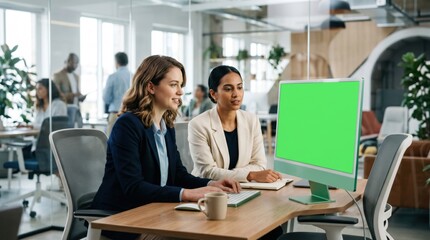 Fototapeta premium Two diverse businesswomen collaborating at a wooden desk in a bright open-plan office, looking at a desktop computer with a mock-up green screen display during a corporate meeting.