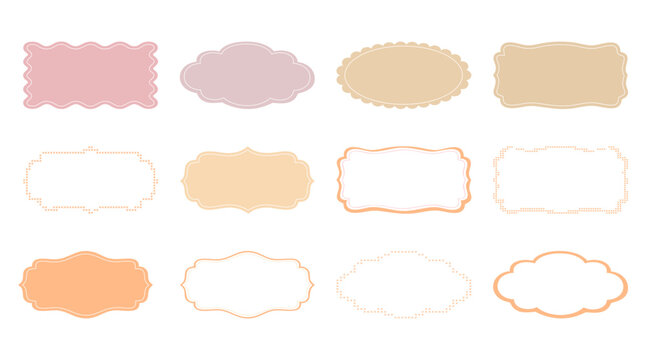 Colorful Cute Geometric Shapes Vector Set with Scalloped Borders, Pastel Arch Oval and Square Stickers, Flat Illustration Empty Textboxes and Labels Collection