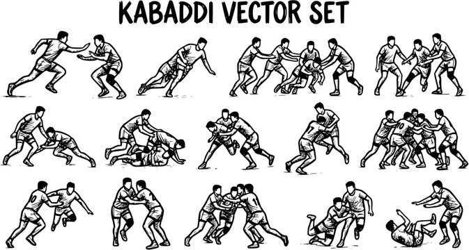 Black and White Line Art Kabaddi Vector Set, Sports Action Illustrations