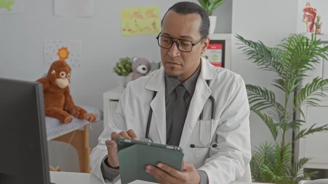 Latin doctor wearing white coat and stethoscope scrolls and taps a tablet with hands at a desk with monitor and toy in a pediatric exam room building; calm care trust.
