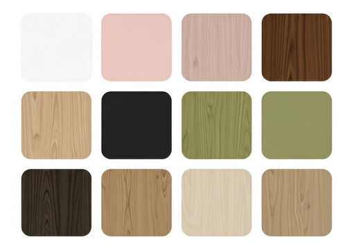Set of twelve square buttons with various wood and color textures isolated on transparent background