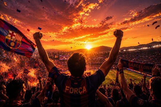Fc barcelona fans celebrating a victory in a stadium at sunset