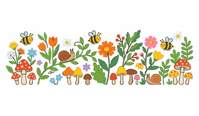 Playful spring nature banner vector with mushrooms bees flowers and leafy plants © MstLutfa