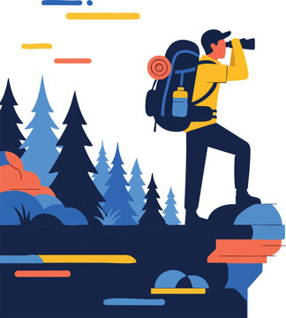 Hiker with Binoculars on Mountain Peak Vector Illustration