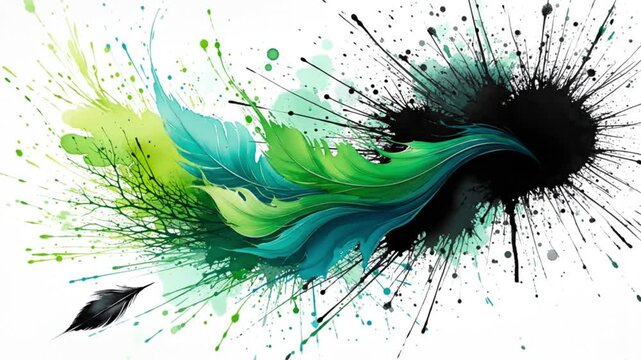 Vibrant abstract feather explosion with swirling green and black ink splashes on a white background, artistic watercolor effect