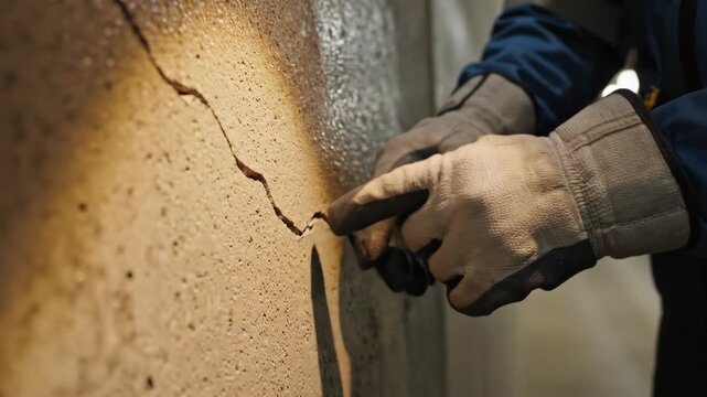 Construction Worker in Protective Gloves Points at Long Crack in Concrete Wall Under Warm Light