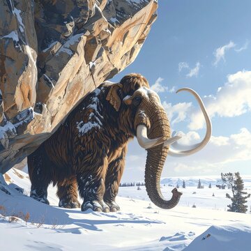 Majestic Woolly Mammoth Roaming a Snowy Ice Age Landscape.