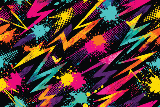 Abstract Retro Grunge Seamless Pattern with Urban Art Texture, Neon Paint Splashes, Chaotic Zigzag Shapes, Lightning Bolts, and Halftone Dots on Black Background for Streetwear and Graphic Design.