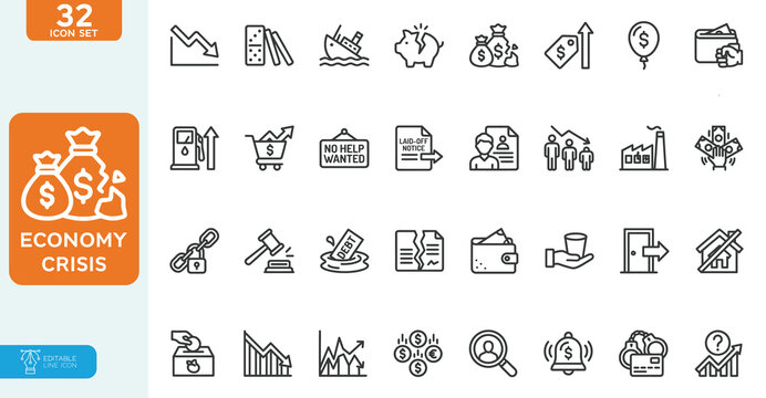 Economy Crisis Vector Illustration line editable icon set. Contain icons related to Economic downturn, stock marker cash, Decrease, layoff, job fired, recession, credit crunch, and more.