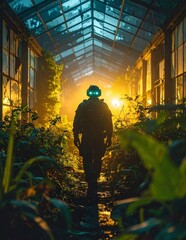 Fototapeta premium Mysterious Robot Explorer in Overgrown Greenhouse at Night.