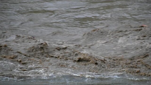 Close Up of Turbulent Muddy and Polluted Flood Water Rushing with Foam and Waves During Monsoon Season in Bhaktapur, Nepal