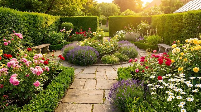 Beautiful colorful flower garden with stone path and green hedges in a sunny summer backyard setting. garten im sommer