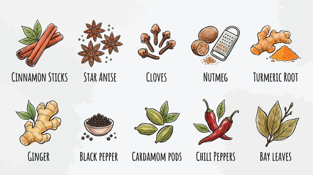 A collection of various aromatic spices and herbs, including cinnamon, star anise, cloves, nutmeg, turmeric, ginger, black pepper, cardamom, chili peppers, and bay leaves, presented as illustrations.