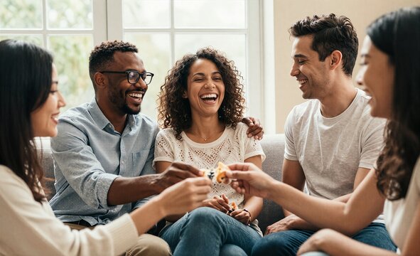 Three friends laugh and share food on a cozy couch by a window.