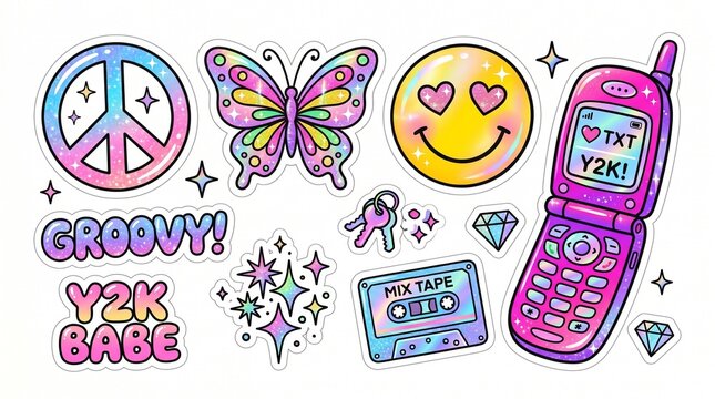 Playful Y2K aesthetic sticker pack with holographic textures featuring flip phone butterfly cassette tape and retro elements isolated on white background