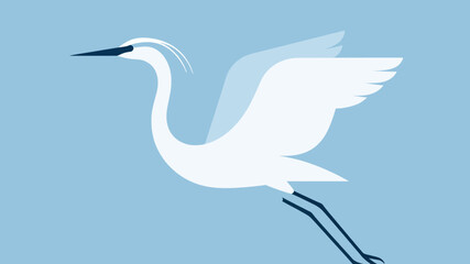 Obraz premium A minimalist flat vector illustration of a white heron in flight against a light blue background, showcasing clean lines and a modern aesthetic.