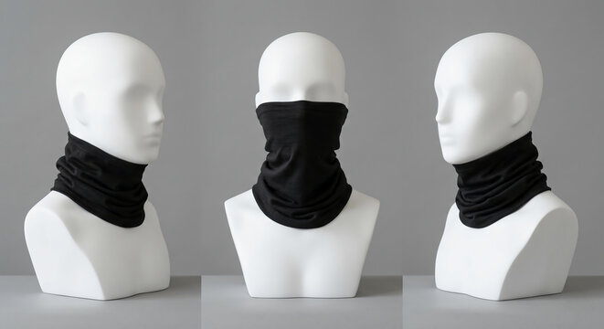 Three white mannequin busts displaying a black neck gaiter from three different angles&mdash;profile, front, and three-quarter view&mdash;against a gray background.