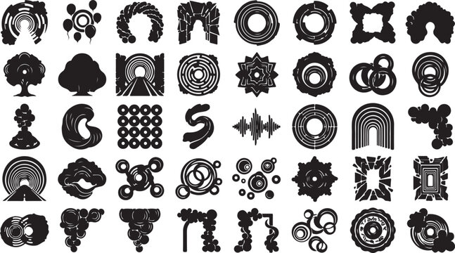 Set of black abstract geometric shapes and artistic symbols for creative design work Vector