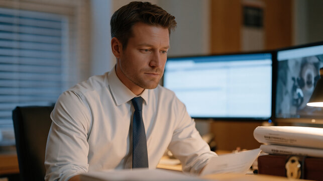 Drug diversion prevention coordinator reviews controlled substance access anomaly reports on a dual-monitor workstation in a hospital compliance office, printed deviation logs stacked beside a locke