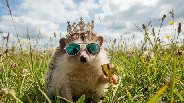 Hedgehog Wearing Sunglasses and Jeweled Crown Holding Golden Goblet in Wildflower Field