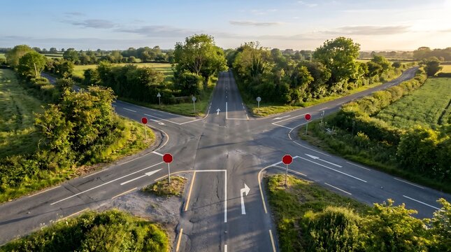 Aerial view of rural crossroads intersection with stop signs, empty country roads, green fields, and trees at golden hour