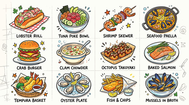 A vibrant collection of delicious seafood dishes and meals, illustrated in a fun, cartoonish style.