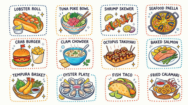 A colorful collection of delicious seafood dishes and meals, illustrated in a fun, cartoonish style.