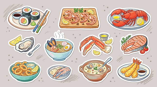A vibrant collection of delicious seafood dishes, including sushi, lobster, shrimp, and fish, presented in a charming illustration style.