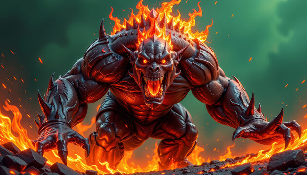 Lava monster demon fire creature flaming beast molten rock fantasy villain inferno aggressive muscular claw fang roaring lava monster demon fiery