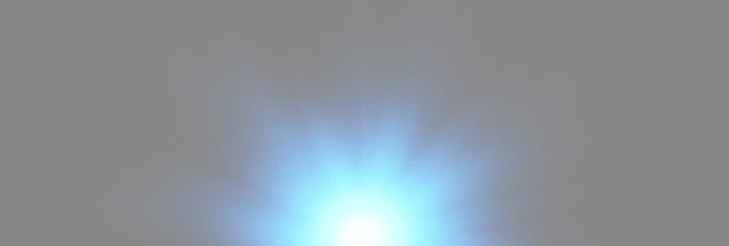 Bright blue light burst from bottom with volumetric rays on abstract grey background.