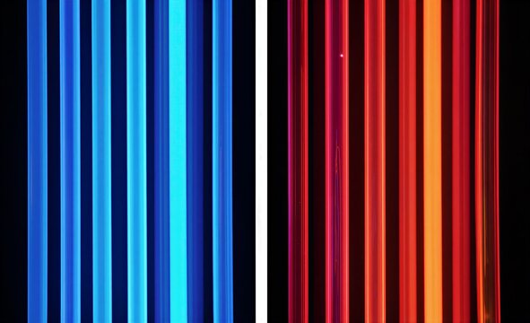Vibrant blue and red neon tubes glow against a stark black background