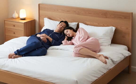 Couple sleeps peacefully in cozy bedroom surrounded by soft light and