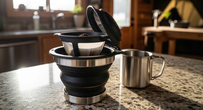 Collapsible Coffee Maker Brewing Portable Beverage in Modern Kitchen