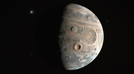Fototapeta premium Gas giant planet Jupiter surface with deep craters and swirling clouds. Distant stars and moons dot the dark cosmic expanse. Space exploration concept art.
