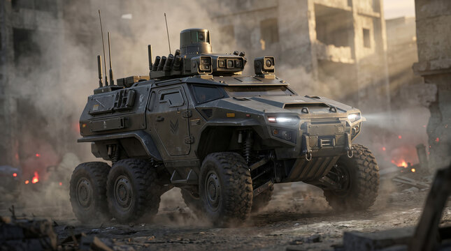 Military armored vehicle driving through urban ruins with smoke and debris