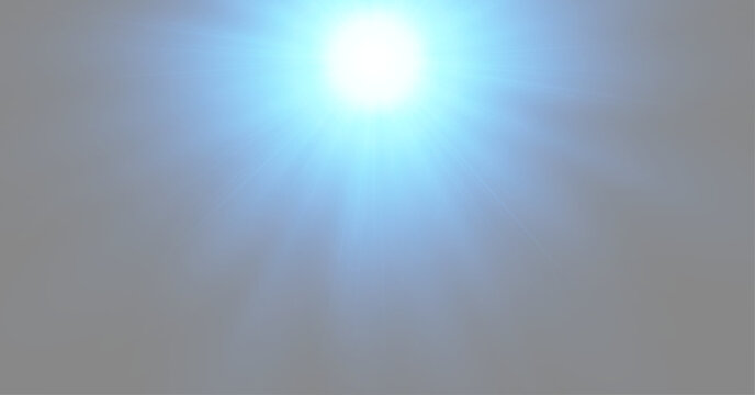 Bright blue sunburst flare from top center with volumetric projector beams, abstract cyan light rays effect on gray background
