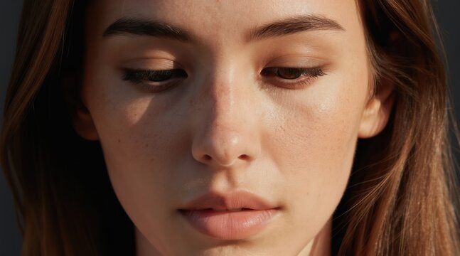 Young woman face close up shows clear skin with freckles and light makeup. Healthy complexion with subtle glow, smooth texture, perfect facial features, natural beauty, wellness.
