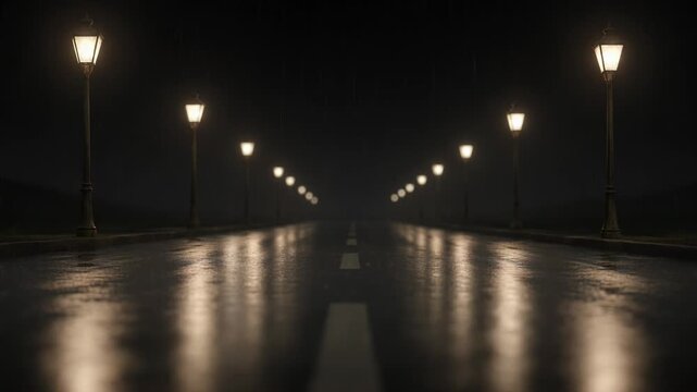 A long, empty road stretches into the darkness, illuminated by a series of antique street lamps reflecting in the wet pavement, creating a mysterious and slightly eerie atmosphere.
