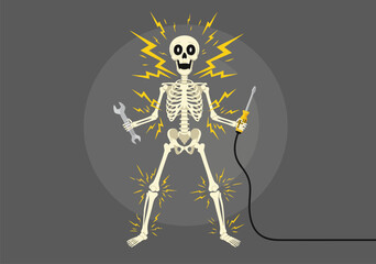 Electrical Hazard Warning A striking vector illustration of a skeleton receiving an electric shock, emphasizing industrial safety and dangerous situations © Purnomo