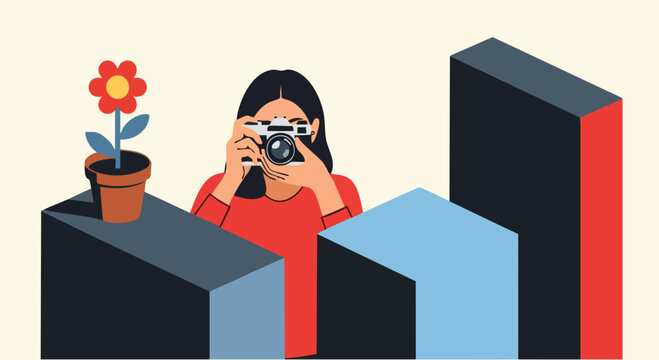 Woman Photographer with Vintage Film Camera and Flower Illustration