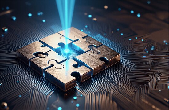 Metal puzzle pieces connect on a glowing circuit board symbolizing