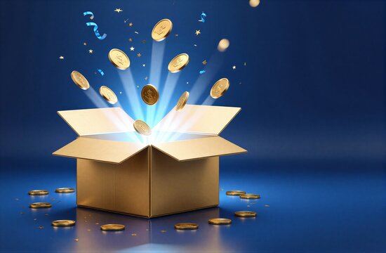 Golden coins burst from a box celebrating wealth and surprise against