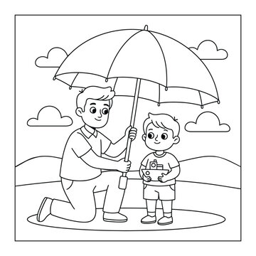  Family Care Parent Holding Umbrella Beside Child With Toy Boat Coloring Page Illustration